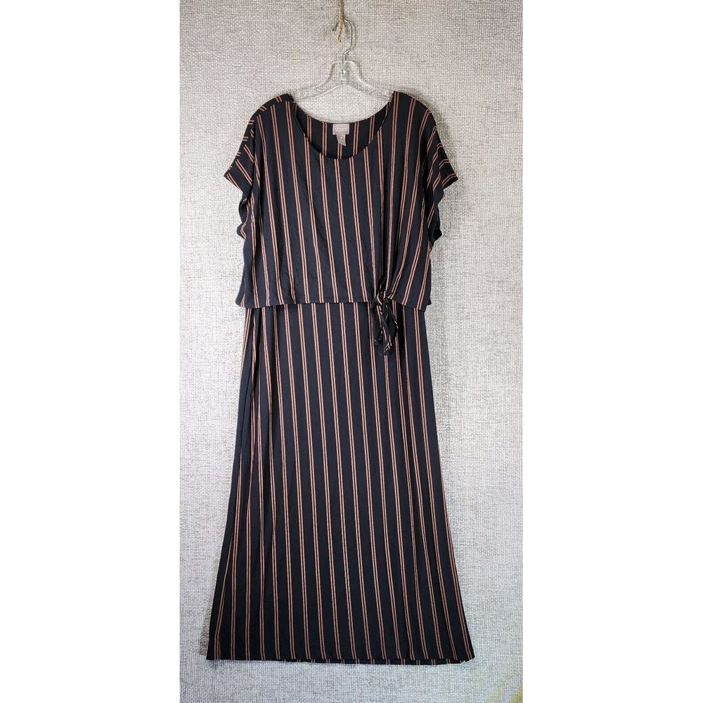 Chicos Striped Maxi Dress Womens XL Black Brown‎ Stretch Layered Top Flowy